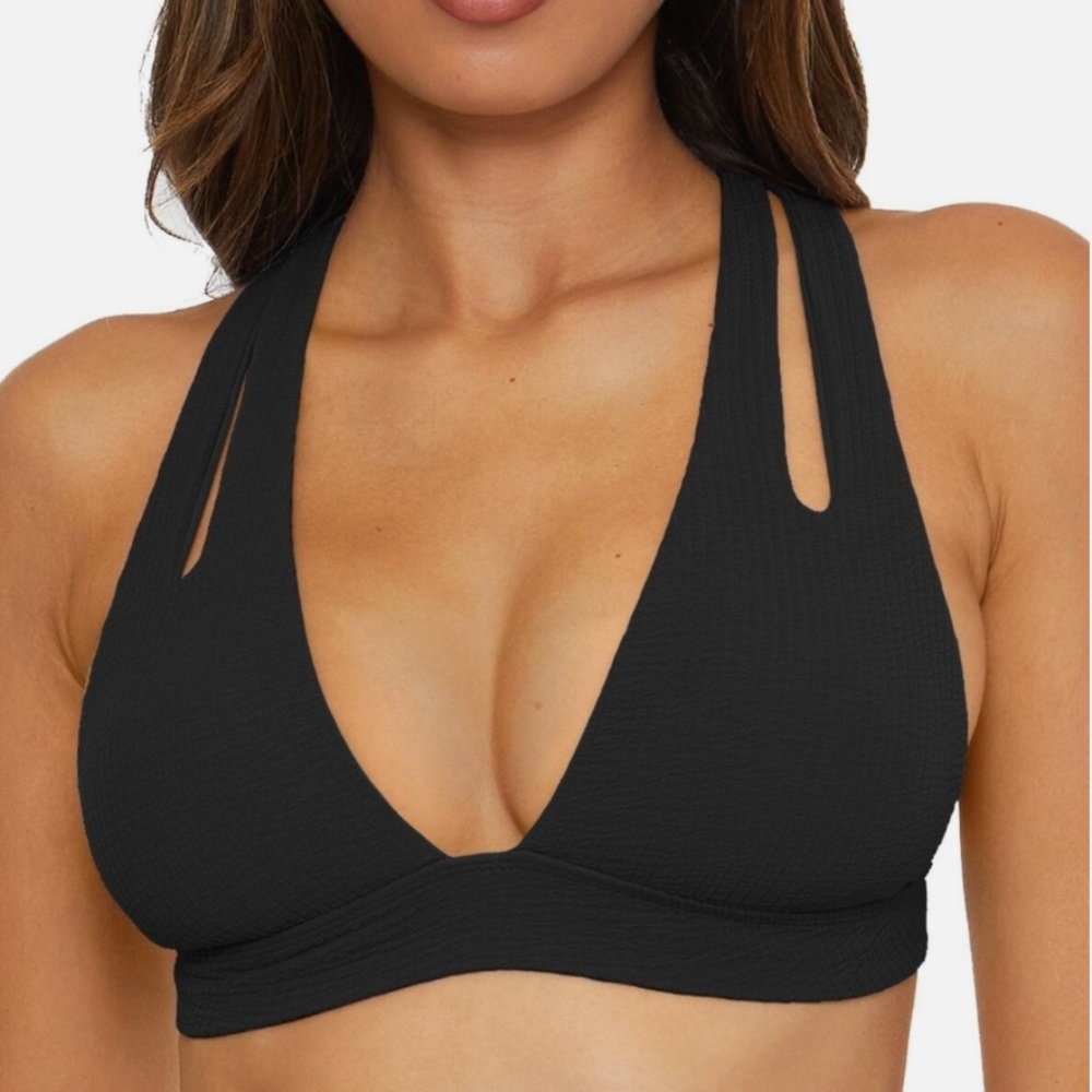 BECCA Womens  Color Prism Halter Bikini Top Adjustable Tie Back Swimwear Black